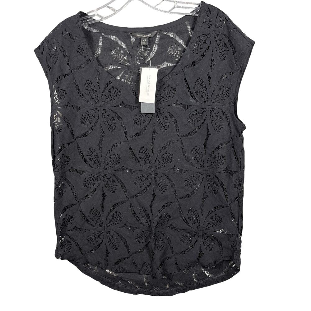 Banana Republic Women's‎ Black SS Hibiscus Lace Top, See Through, Size XS